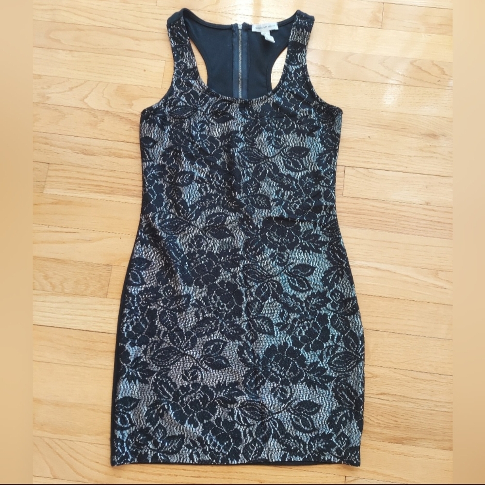 Black and Silver Floral Lace Mini Dress